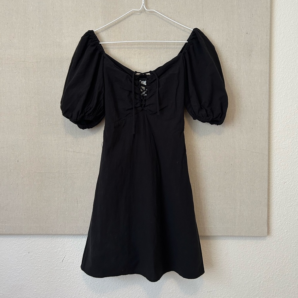 Linen Black Puff Sleeve Dress